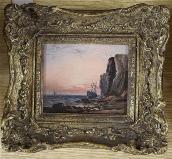 Attributed to George Weatherill (1810-1890), Coastal scene with shipwreck and smugglers, oil on panel, bears initials GW, 11 x 13cm 1